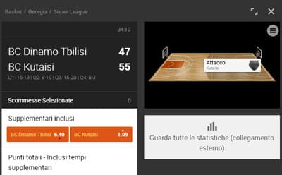 La pagina delle scommesse live sul basket di 888sport