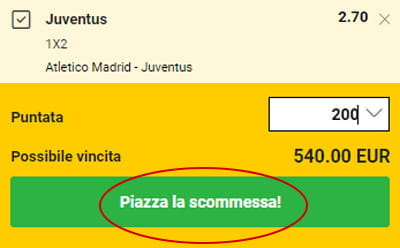 Una schedina con un pulsante verde con scritto Piazza la scommessa