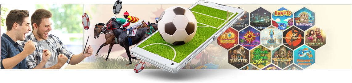 Uno smartphone con un pallone da calcio, due uomini che esultano, dei cavalli da corsa e delle icone di slot online