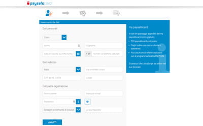 Il form di inserimento dei dati anagrafici personali sul sito di Paysafecard
