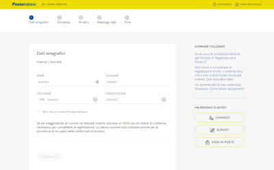 Il form di inserimento dei dati anagrafici personali per l'attivazione di Postepay