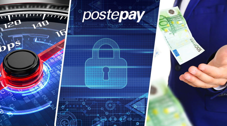 l pro e i contro di Postepay, rappresentati  da un tachimetro, un lucchetto vicino al logo di Postepay e un uomo con una banconota da 100€